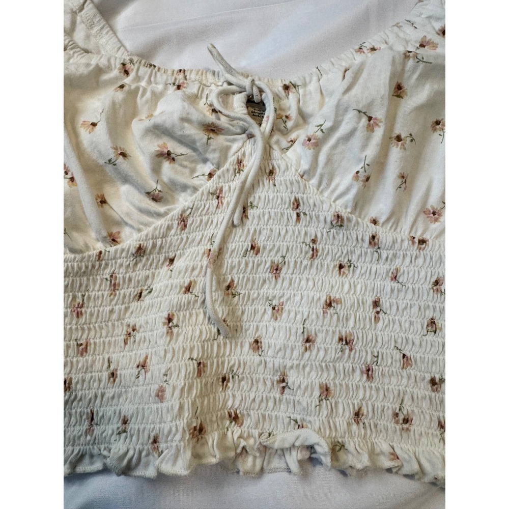 Billabong Floral Puff Sleeve Smocked Crop Top Cream Pink Cottagecore M - Picture 2 of 5